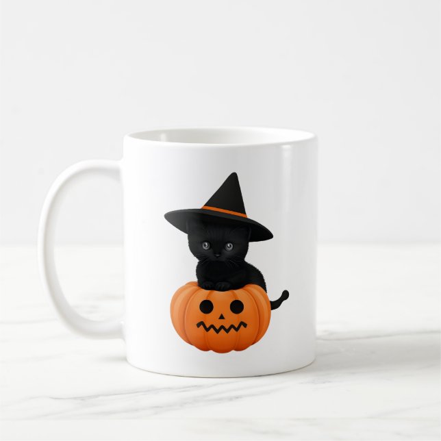 Halloween Cute Cartoon Friends, Black Baby Cat Coffee Mug (Left)