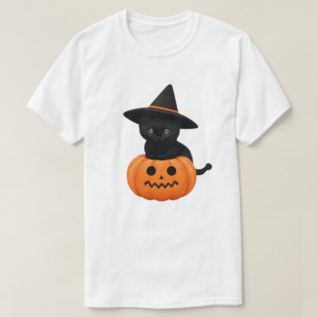 Halloween Cute Cartoon Friends, Black Baby Cat T-Shirt (Design Front)