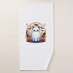 Halloween_ Cute Cat in Ghost Costume Halloween Des Bath Towel