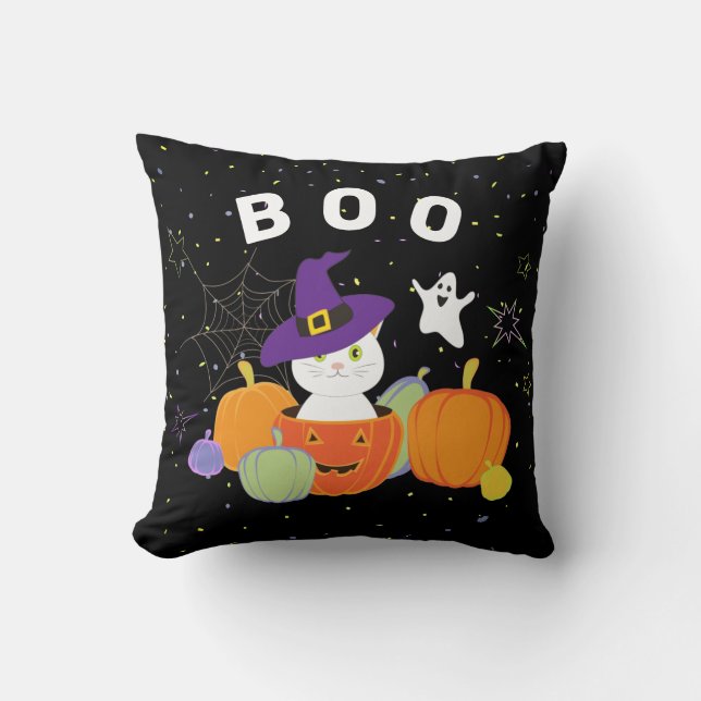 Halloween Cute Cat in Witch Hat Cushion (Front)
