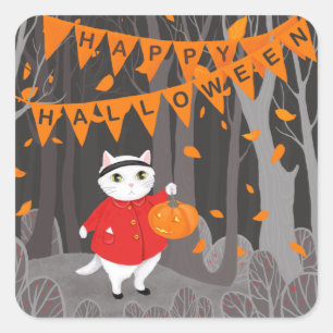 Halloween Cute Cat & Jack o lantern Square Sticker