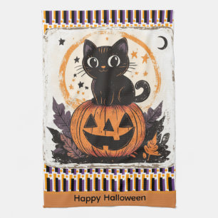 Halloween Cute Cat Pumpkin Tea Towel