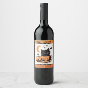 Halloween Cute Cat Pumpkin Wine Label