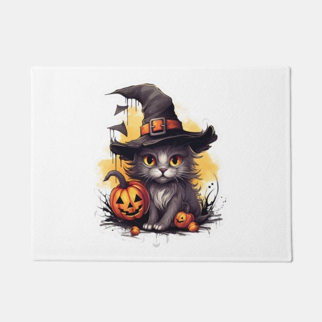 Halloween cute cat with a hat and pumpkin   doormat (Front)