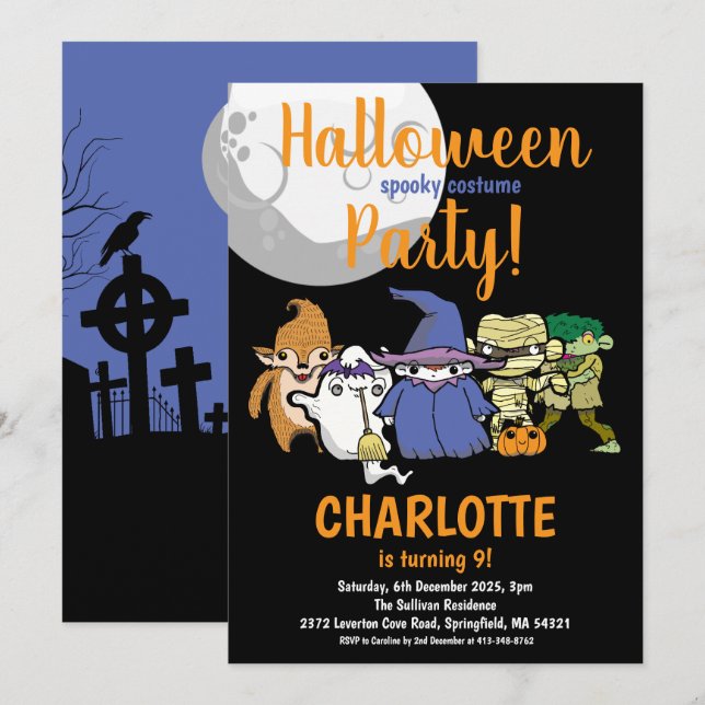 Halloween Cute Characters Moon Kids Birthday Party Invitation (Front/Back)