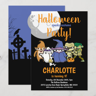 Halloween Cute Characters Moon Kids Birthday Party Invitation