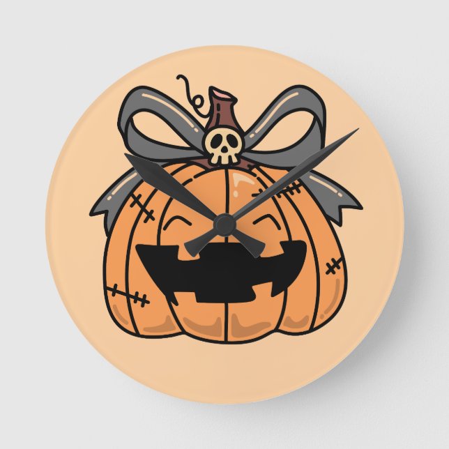 Halloween, Cute Face Pumpkin Round Clock (Front)