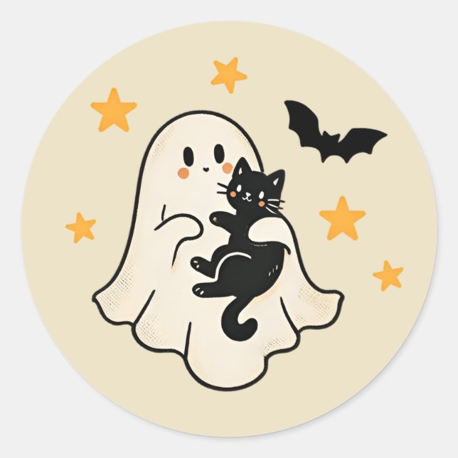 Halloween Cute Floating Ghost with Black Cat Classic Round Sticker (Front)