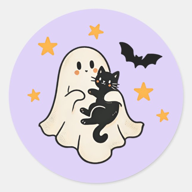 Halloween Cute Floating Ghost with Black Cat Classic Round Sticker (Front)