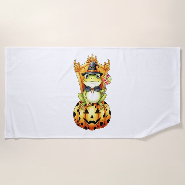 Halloween Cute Frog on Pumpkin Beach Towel (Front)
