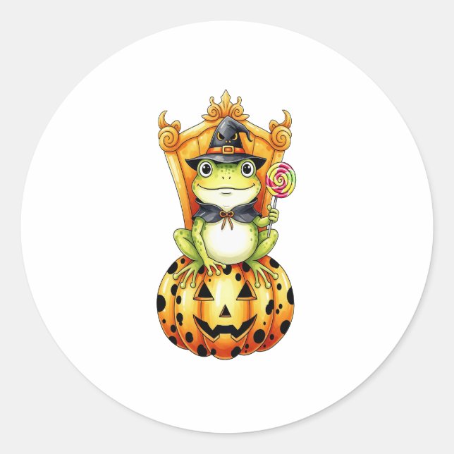 Halloween Cute Frog on Pumpkin Classic Round Sticker (Front)