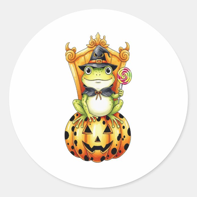 Halloween Cute Frog on Pumpkin Classic Round Sticker (Front)