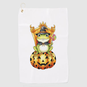 Halloween Cute Frog on Pumpkin Golf Towel