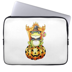 Halloween Cute Frog on Pumpkin Laptop Sleeve