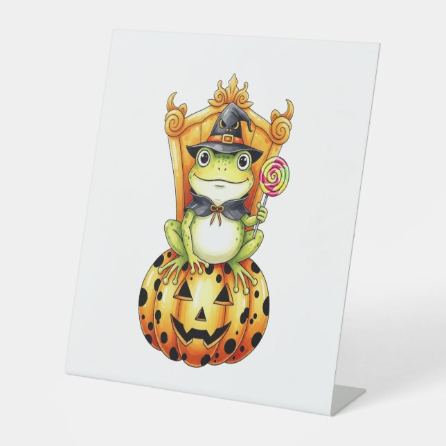 Halloween Cute Frog on Pumpkin Pedestal Sign (Front)