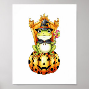 Halloween Cute Frog on Pumpkin Poster