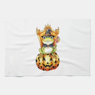 Halloween Cute Frog on Pumpkin Tea Towel