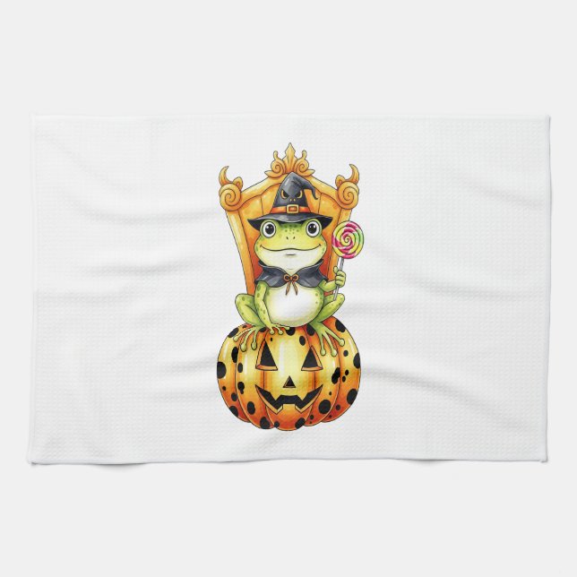 Halloween Cute Frog on Pumpkin Tea Towel (Horizontal)