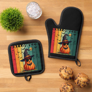 Halloween cute funny pumpkin vintage fall autumn oven mitt & pot holder set
