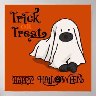 Halloween Cute Funny Whimsical Ghost Dog Orange Poster