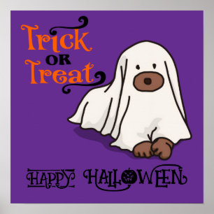 Halloween Cute Funny Whimsical Ghost Dog Purple Poster