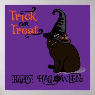 Halloween Cute Funny Whimsical Witch Cat Purple Poster