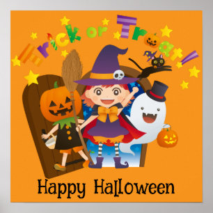 Halloween Cute Funny Whimsical Witch Girl Orange Poster
