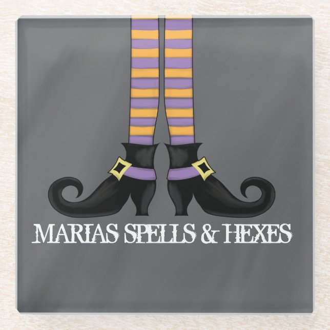 Halloween Cute Funny Whimsical Witch Shoes Glass Coaster (Front)