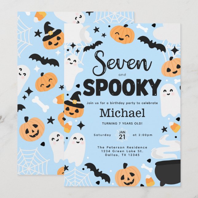 Halloween Cute Ghost 7th Birthday Party Invitation (Front/Back)