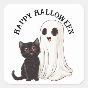 Halloween Cute Ghost and Black Cat Square Sticker