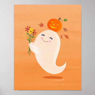 Halloween Cute Ghost and Flowers Art Print