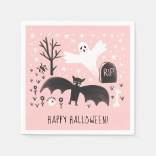 Halloween Cute Ghost Bat Black Pink Illustration Napkin