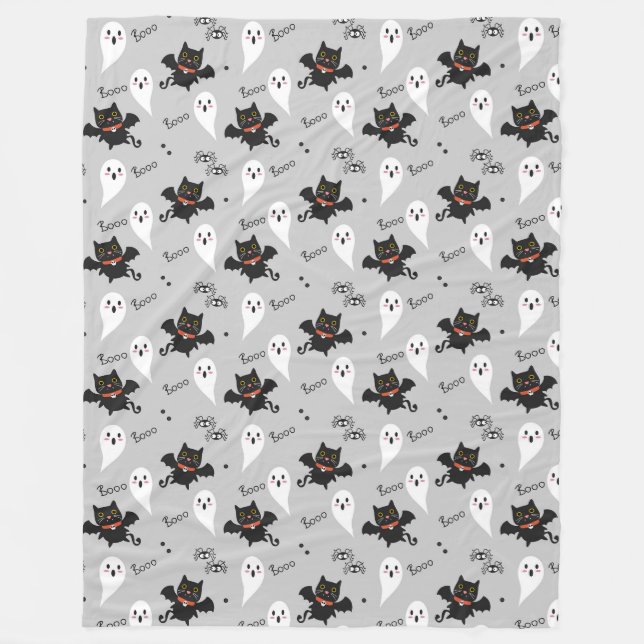 Halloween Cute Ghost, Bats, Cats and Spiders Fleece Blanket (Front)