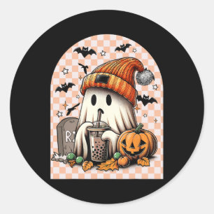 Halloween Cute Ghost Drinking Coffee Pumpkin Check Classic Round Sticker