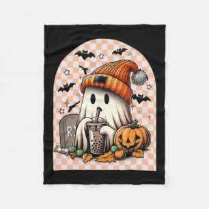 Halloween Cute Ghost Drinking Coffee Pumpkin Check Fleece Blanket