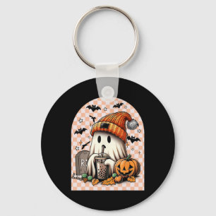 Halloween Cute Ghost Drinking Coffee Pumpkin Check Key Ring