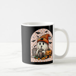 Halloween Cute Ghost Drinking Coffee Pumpkin Check Mug