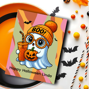 Halloween Cute Ghost Fall Pink Orange Postcard