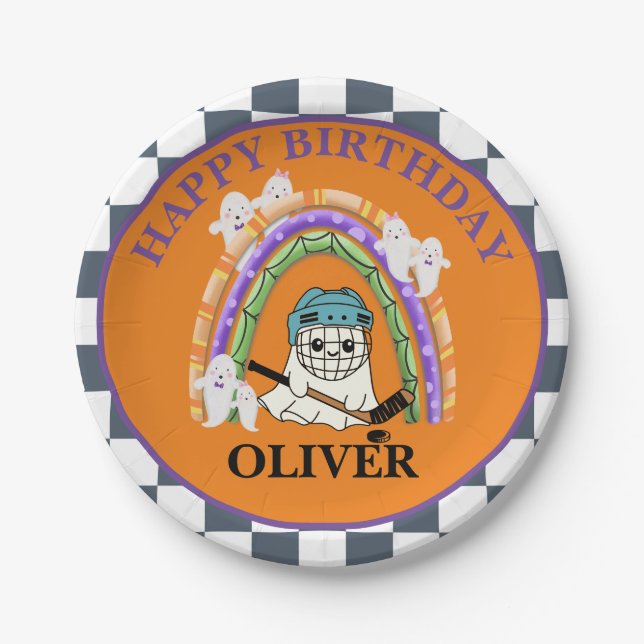 Halloween Cute Ghost Ice Hockey Party Paper Plate (Front)