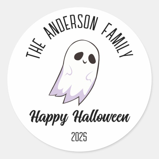 Halloween Cute Ghost Personalised Name Year Classic Round Sticker (Front)