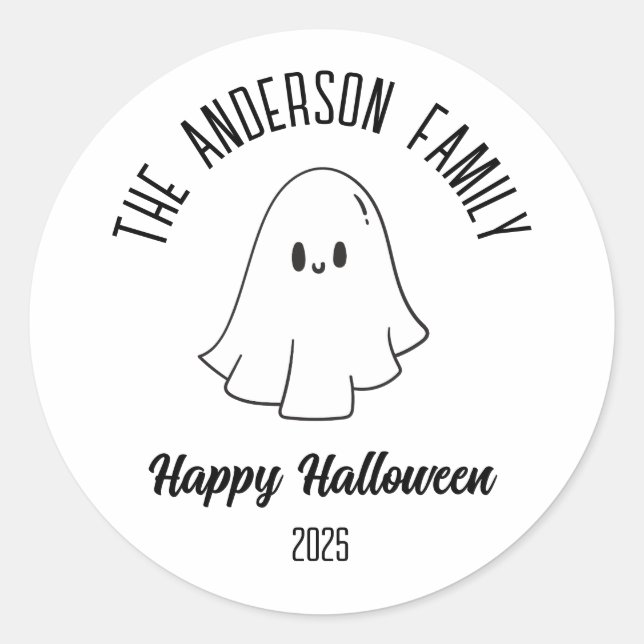 Halloween Cute Ghost Personalised Name Year Classic Round Sticker (Front)