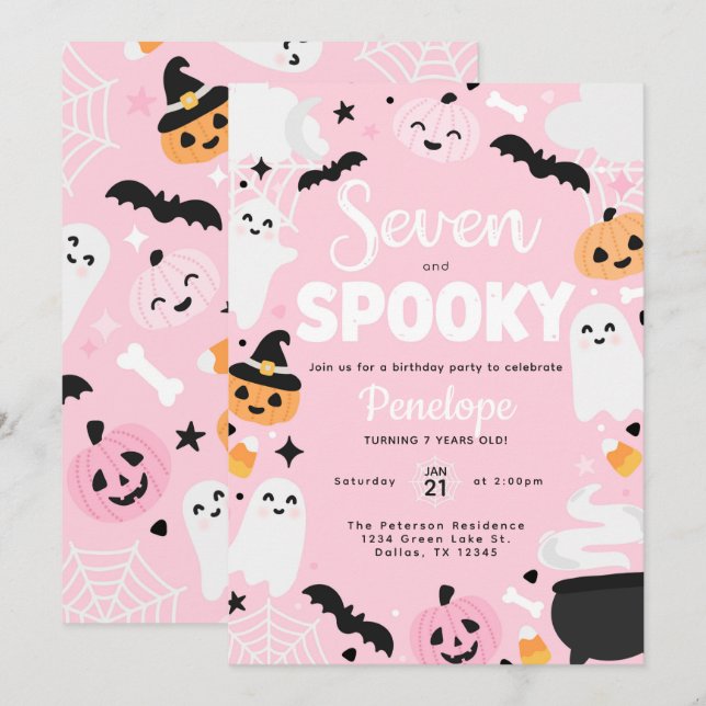 Halloween Cute Ghost Pumpkin 7th Birthday Party Invitation (Front/Back)