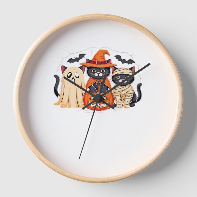 Halloween Cute Ghost Pumpkin Cat Classic T-Shirt_1 Clock (Front)
