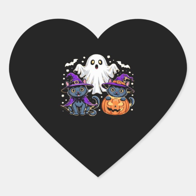 Halloween Cute Ghost Pumpkin Cat Classic T-Shirt_3 Heart Sticker (Front)