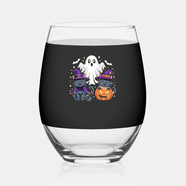 Halloween Cute Ghost Pumpkin Cat Classic T-Shirt_3 Stemless Wine Glass (Front)