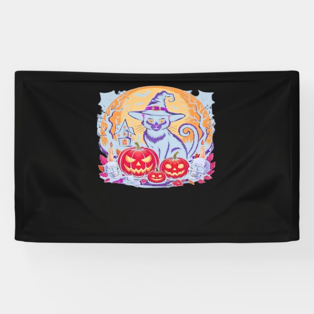 Halloween Cute Ghost Pumpkin Cat Classic T-Shirt Banner (Horizontal)