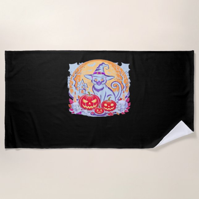 Halloween Cute Ghost Pumpkin Cat Classic T-Shirt Beach Towel (Front)