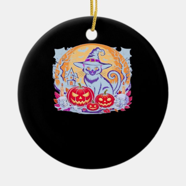 Halloween Cute Ghost Pumpkin Cat Classic T-Shirt Ceramic Tree Decoration (Front)