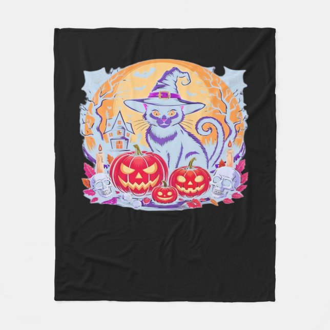 Halloween Cute Ghost Pumpkin Cat Classic T-Shirt Fleece Blanket (Front)