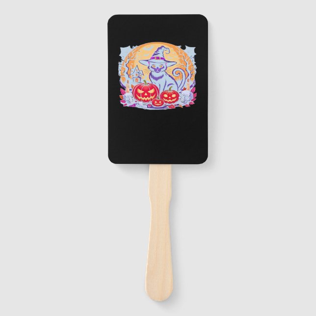 Halloween Cute Ghost Pumpkin Cat Classic T-Shirt Hand Fan (Front)